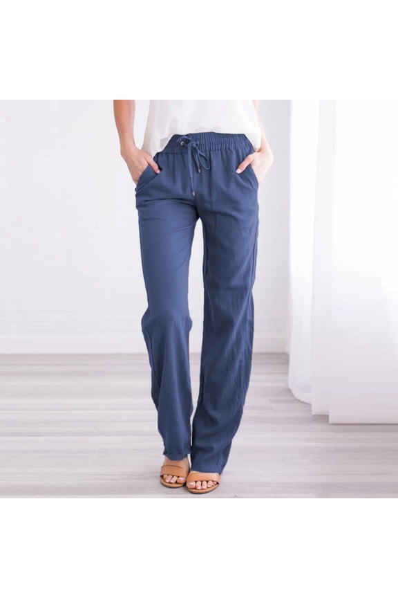 Women Cotton Linen Pants Petite Plus Size Elastic Waist Pants Straight Leg Jogger Pants Summer Lounge Pants Casual Beach Pants