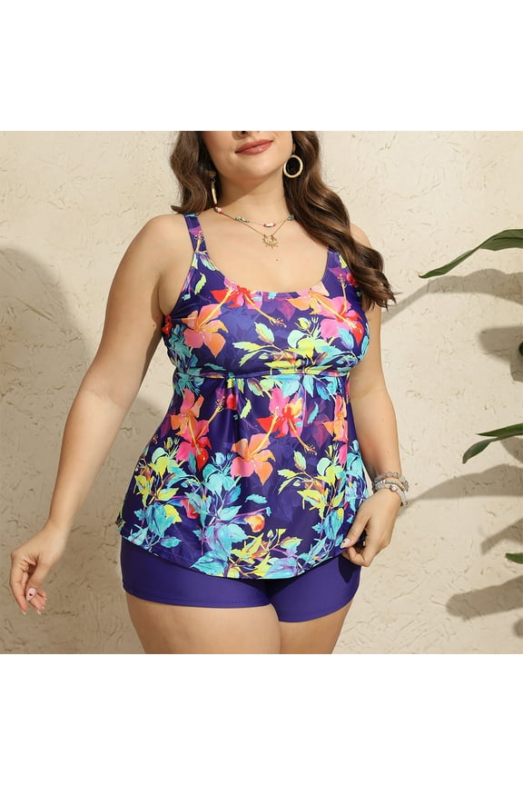 Women Plus Size Swimsuits Tankini Modest Two Piece Swimsuit High Waisted Tummy Control Flowy Bathing Suits with Boyshorts