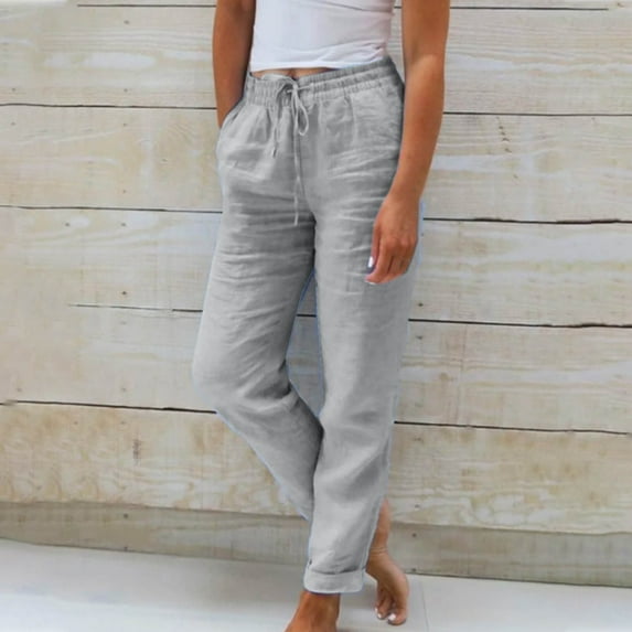 Feimerou Women'S Tapered Linen Pants Casual Straight Leg Drawstring Elastic Waist Lounge Pants Loose Comfy Joggers Trousers with Pockets Sale