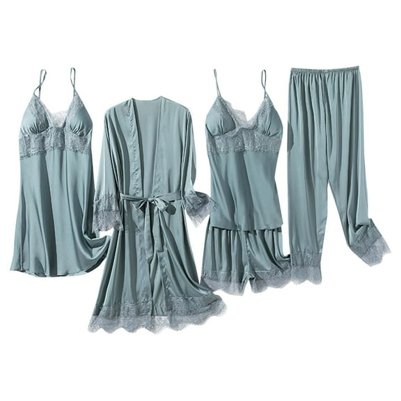 Feimerou Women Silk Pajamas Set Sexy Satin Nightgown 5pcs Built In Bras Camisole Pants Suits Soft Comfort Robes Loungewear Sleepwear Cyber and Monday Sales