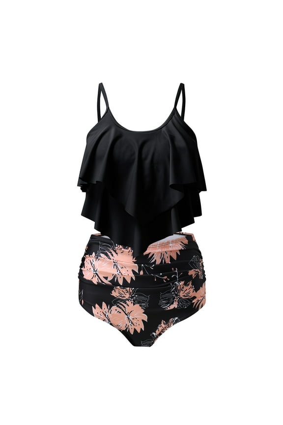 Women Tankini Swimsuits Flowy Ruffle High Waisted Tummy Control Bathing Suits Two Piece Modest Swimwear Tank Tops with Bottom