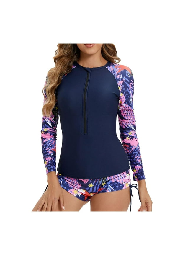 Women Two Piece Rash Guard Long Sleeve Swimsuits Wetsuit Swim Shirt with Boyshorts Set Sun Protection Surf Bathing Suits Clearance On Sale