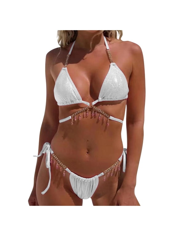 Women's 2 Piece Swimsuits Bikini Set Sexy Sparkly Rhinestone Halter Triangle String Bathing Suit Sequin Hawaiian Beach Swimsuit