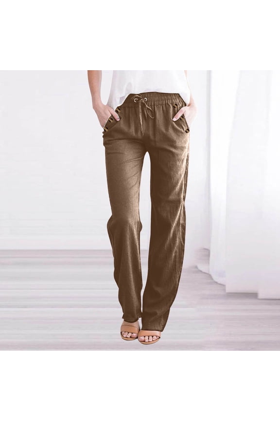 Women's Linen Pants for Summer Petite Casual Pants Drawstring Elastic Waisted Straight Leg Trousers Loose Comfy Lounge Pants