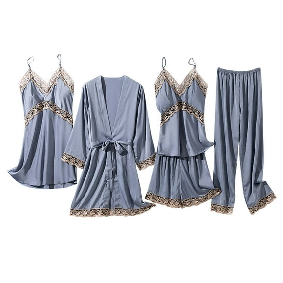 Feimerou Women's Silk Satin Pajama Sets Sexy Lace 5pcs Sleepwear Soft Comfort Camisole Built In Bra Shorts Pajamas Pants Loungewear with Robes