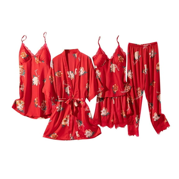 Feimerou Women's Silk Satin Pajamas Set 5 Pcs Floral Pjs Sets Loungewear Cami Top Built In Bras Soft Comfort Robe Pjs Pants Suits Christmas Gift