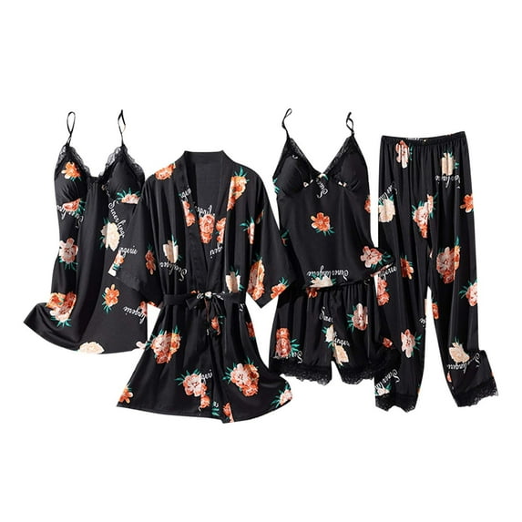 Feimerou Women's Silk Satin Pajamas Set 5 Pcs Floral Pjs Sets Loungewear Cami Top Built In Bras Soft Comfort Robe Pjs Pants Suits Clearance