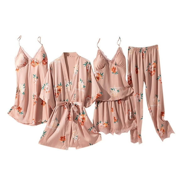 Feimerou Women's Silk Satin Pajamas Set 5 Pcs Floral Pjs Sets Loungewear Cami Top Built In Bras Soft Comfort Robe Pjs Pants Suits