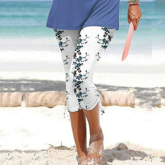 Feimerou Womens Capri Pants Drawstring Hem Knee Length Capris High Waisted Soft Stretch Yoga Pants Summer Casual Crop Beach Pants