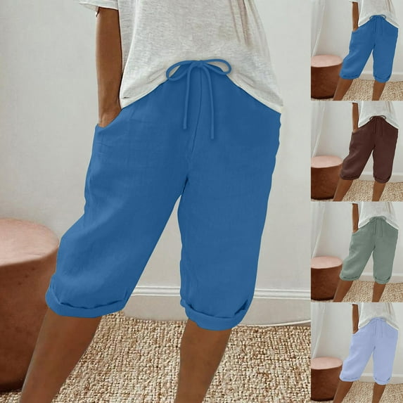 Feimerou Womens Capri Pants Summer Lightweight Cotton Linen Pants Drawstring Elastic Waisted Knee Length Lounge Cropped Pants Sale