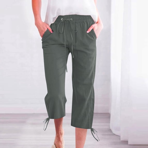 Feimerou Womens Capris Pant High Waist Comfy Casual Cotton Linen Pants 2025 Summer Casua Lightweight Loose Trousers Drawstring Trim with Pockets