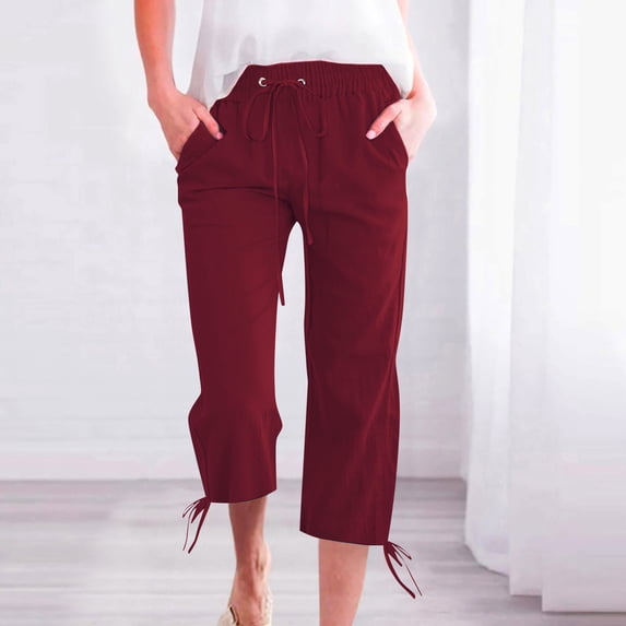 Feimerou Womens Capris Pant High Waist Comfy Casual Cotton Linen Pants 2025 Summer Casua Lightweight Loose Trousers Drawstring Trim with Pockets