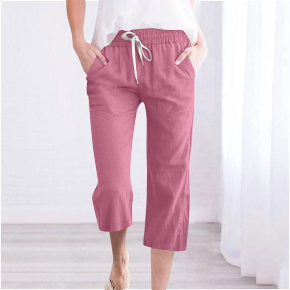 Feimerou Womens Capris with Pockets Drawstring High Waisted Wide Leg Cropped Pants Solid Color Cotton Linen Lounge Pants Trousers