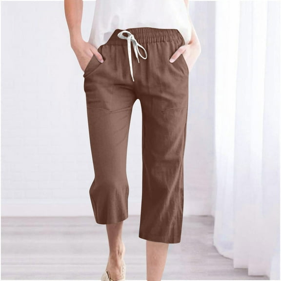Feimerou Womens Capris with Pockets Drawstring High Waisted Wide Leg Cropped Pants Solid Color Cotton Linen Lounge Pants Trousers