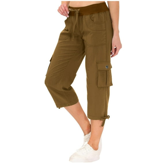Feimerou Womens Cargo Capris Pants Drawstring High Waist Cotton Cropped Pants Summer Outdoor Travel Hiking Pants with 6 Pockets