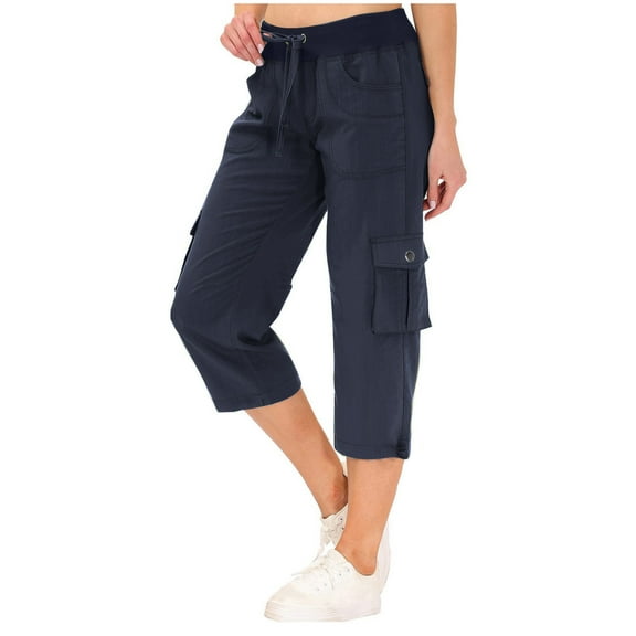 Feimerou Womens Cargo Capris Pants Drawstring High Waist Cotton Cropped Pants Summer Outdoor Travel Hiking Pants with 6 Pockets