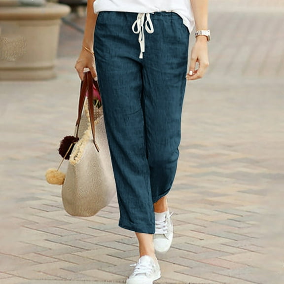 Feimerou Womens Linen Pants High Waisted Wide Leg Drawstring Casual Cropped Pants Loose Comfy Solid Color Capri Pants with Pockets