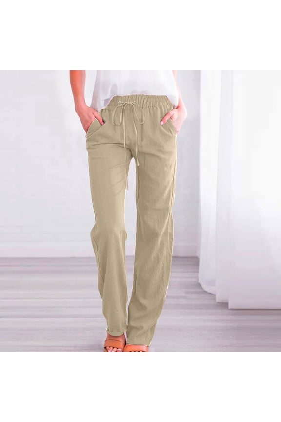Womens Linen Pants Petite Straight Leg Drawstring Elastic Casual Pants Plus Size High Waist Loose Comfy Lounge Trousers