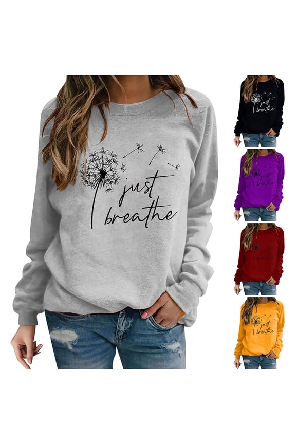 Feimerou Womens Long Sleeve Tops Plus Size Crewneck Graphic Sweatshirts Classic Fit Dandelion Printed Casual Pullover Top
