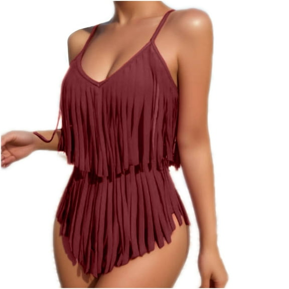 Feimerou Womens One Piece Bathing Suit Sexy Spaghetti Straps Tummy Control Swimsuit Sexy Fringes High Cut Backless Monokini Swimwear