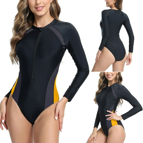 Feimerou Womens One Piece Swimsuits Full Coverage Long Sleeve Rash Guard Swimsuit Zip Front Tummy Control Athletic Wetsuit Surf Suits