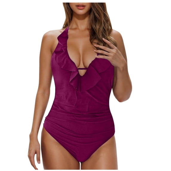 Feimerou Womens One Piece Swimsuits Sexy Halter Ruffle V Neck Tummy Control Bathing Suit Backless Slimming High Waisted Swimwear