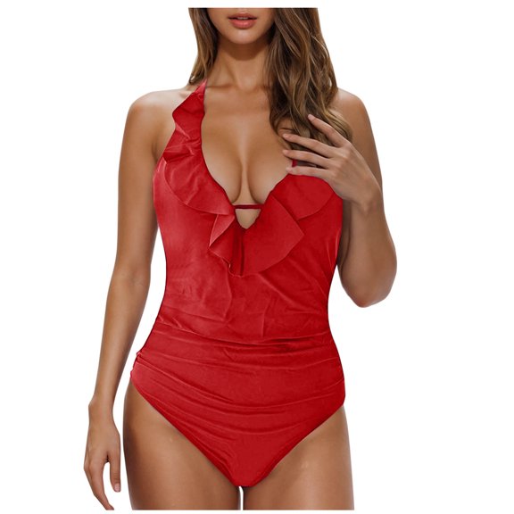 Feimerou Womens One Piece Swimsuits Sexy Halter Ruffle V Neck Tummy Control Bathing Suit Backless Slimming High Waisted Swimwear