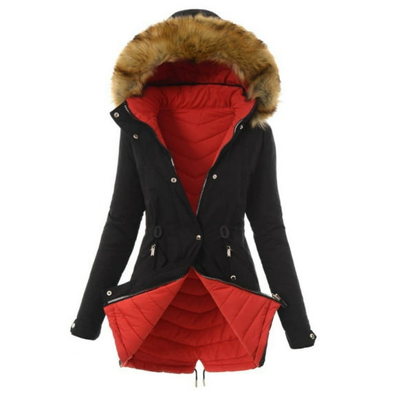 Feimerou Womens Parka Coats Thicken Fleece Lined Mid Length Winter Coat Insulated Anoraks Faux Fur Hooded Jacket with Pockets