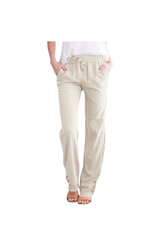 Womens Petite Linen Pants Solid Color Drawstring Lounge Trousers Drawstrings High Waisted Straight Leg Casual Pants with Pockets
