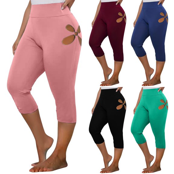 Feimerou Womens Plus Size Capri Leggings 2025 Casual Summer Stretch Slimming Fit Workout Yoga Pants Hollow Out Soft Comfort Leggings