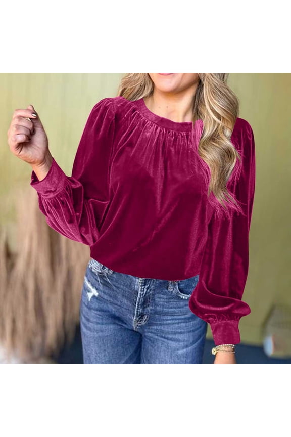 Womens Puff Long Sleeve Velvet Tops 2025 Spring Trendy Crewneck Dressy Casual Cute Elegant Velour Ruched Holiday Tunic Tops
