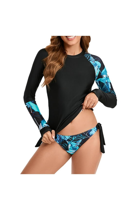 Womens Rash Guard Long Sleeve Swimsuits Sets Two Piece Modest Tummy Control Rashguard Swimsuit Surf Suits with Swim Shorts Summer