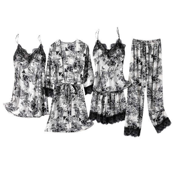 Feimerou Womens Sexy Nightgown Silk Pajamas Sets 5pcs Pjs Outfits Cami Tops Built In Bra Shorts Satin Sleepwear Loungewear with Robe