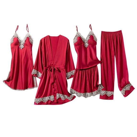 Feimerou Womens Silk Satin Pajama Sets Soft Sexy Plus Size Pajamas Set 5pcs Sleepwear Solid Soft Lace Trim Cami Built In Bras Pajama Set with Robe Clearance Clothes