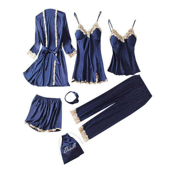 Feimerou Womens Silk Satin Pajamas Sets 7pcs Sleepwear Sexy Lace Tank Tops Built In Bras Shorts Pants Set Soft Comfort Robes Loungewear Clothes
