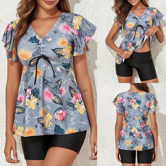 Feimerou Womens Tankini Bathing Suits Modest Tummy Two Piece Swimsuits Flowy Ruffer Sleeve Floral Printed Swimsuit with Boyshorts Clearance On Sale