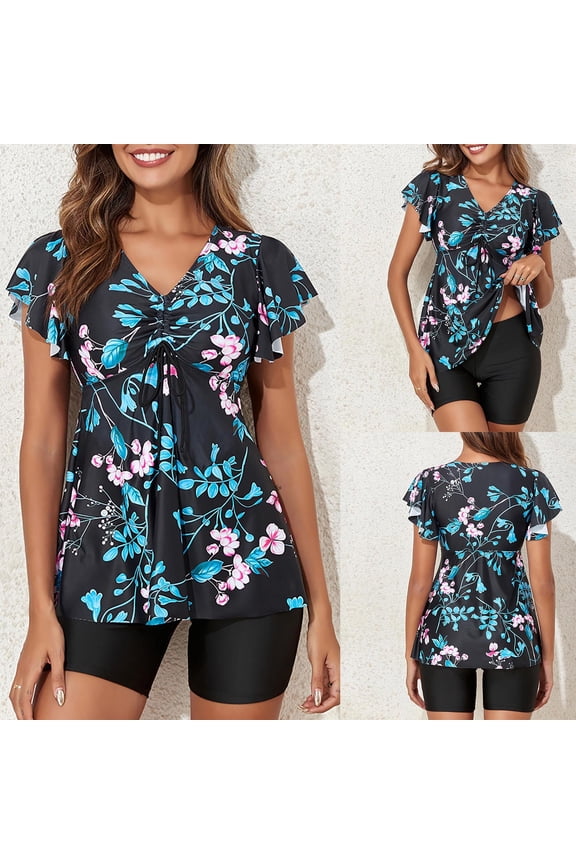 Womens Tankini Bathing Suits Modest Tummy Two Piece Swimsuits Flowy Ruffer Sleeve Floral Printed Swimsuit with Boyshorts