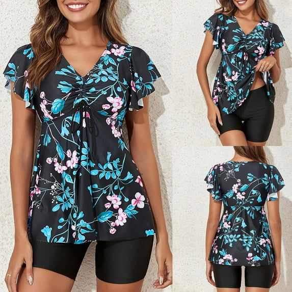 Feimerou Womens Tankini Bathing Suits Modest Tummy Two Piece Swimsuits Flowy Ruffer Sleeve Floral Printed Swimsuit with Boyshorts