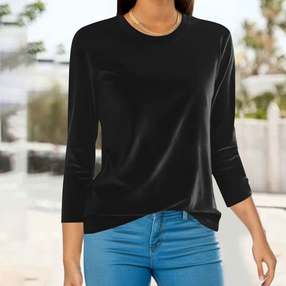 Feimerou Womens Tops Velvet Long Sleeve Plus Size Crewneck Casual Tee Shirts Soft Cozy Velour Top Solid Color Basic Slim Fit Thermal Shirt