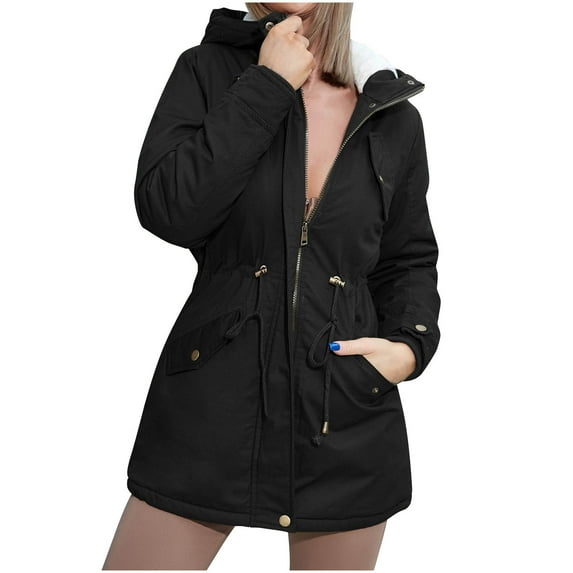 Feimerou Womens Winter Coats Thicken Warm Military Parka Jacket Fuzzy Fleece Lined Cotton Windproof Mid Length Coat with Faux Fur Hood Clearance