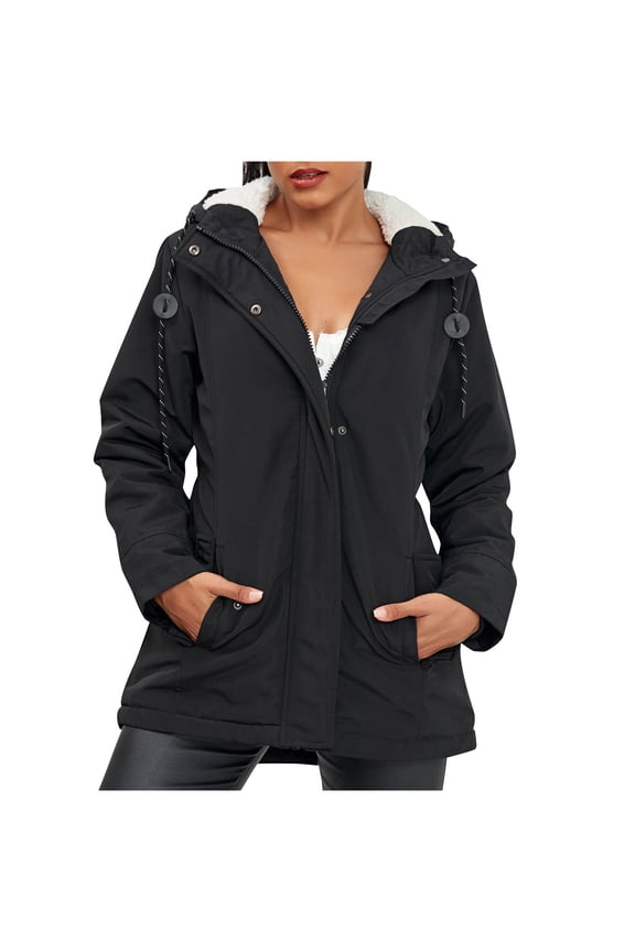 Womens Winter Coats Thicken Warm Military Parka Jacket Fuzzy Fleece Lined Cotton Windproof Mid Length Coat with Faux Fur Hood