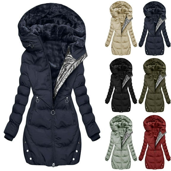 Feimerou Womens Winter Jacket Fuzzy Fleece Lined Warm Thicken Down Coats Mid Length Full Zip Waterproof Windproof Ski Jacket with Hood s