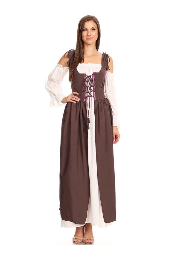 2PCS Womens Renaissance Overdress Medieval Irish Off Shoulder Dress Set Halloween Costume