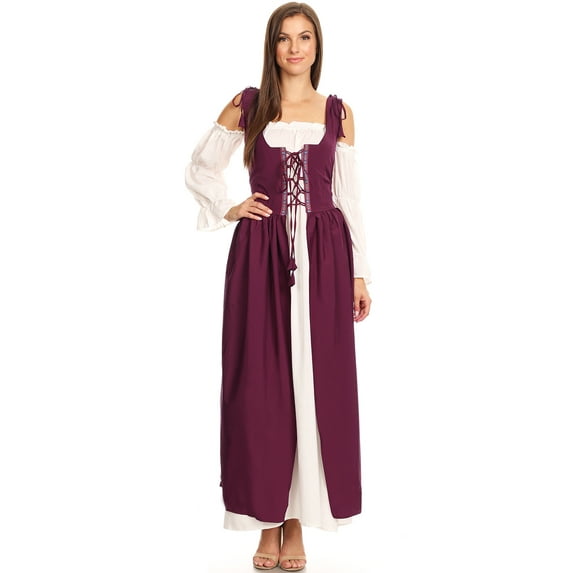 Feinuhan 2PCS Womens Renaissance Overdress Medieval Irish Off Shoulder Dress Set Halloween Costume