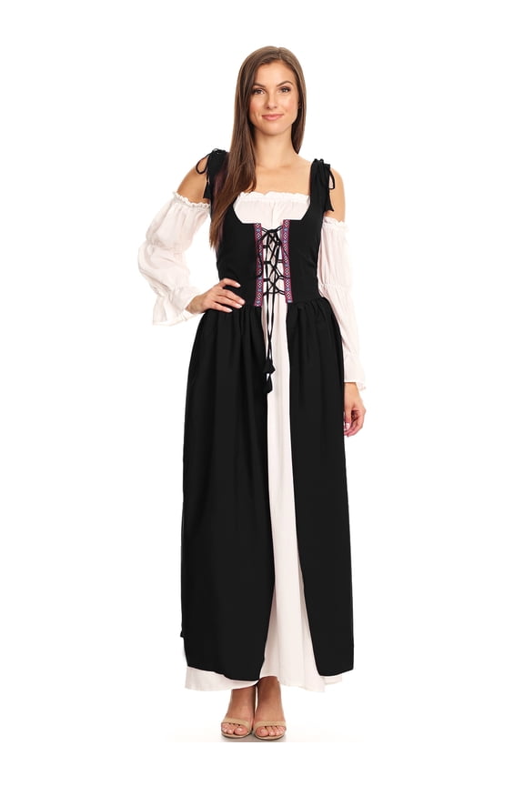 2PCS Womens Renaissance Overdress Medieval Irish Off Shoulder Dress Set Halloween Costume