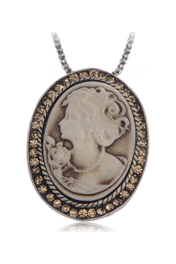 Antique Golden Tone Light Brown Rhinestones Vintage Cameo Pendant Necklace