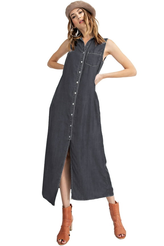 Classic Sleeveless Blue Jean Button Down Denim Pocket Collar Shirt Dress,Dark Blue Denim,Small