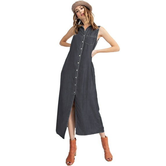 Feinuhan Classic Sleeveless Blue Jean Button Down Denim Pocket Collar Shirt Dress,Dark Blue Denim,X-Large