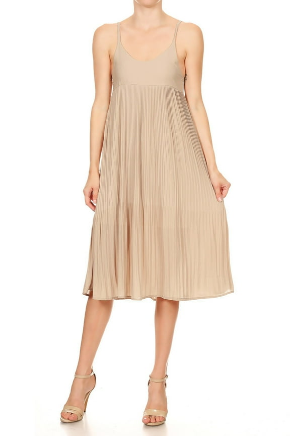 Fashion Womens Sleeveless Spaghetti Strap Pleated Midi Cocktail Party Dress