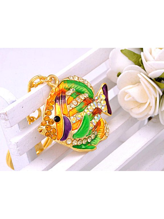 Golden Tone Multi Colored Rhinestones Tropical Colorful Angel Fish Key Chain